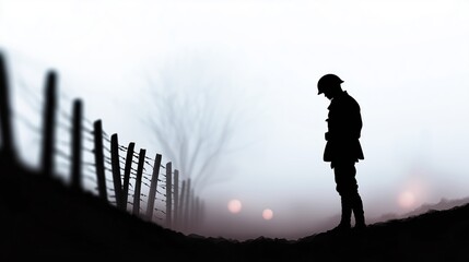 Silhouette of a soldier standing in a foggy battlefield