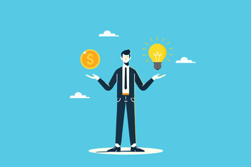 Balancing Wealth and Innovation, A Businessman Holding a Dollar Coin and a Bright Idea
