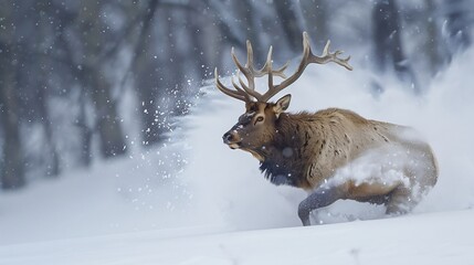 Majestic Elk Running Through a Snowy Winter Wonderland