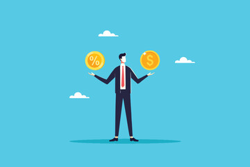 A Strategic Visionary, Businessman Balancing Dollar Coins and Percentages as Symbols of Financial Growth