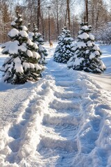 Snowy Path Winter Wonderland Scene with Fir Trees