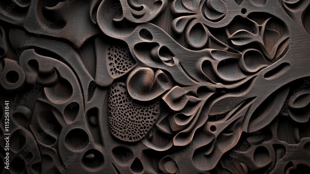 Poster Intricate Wooden Carving Displaying Organic Shapes and Patterns in Depth with Rich Brown Tones and Detailed Textures for Artistic Decor