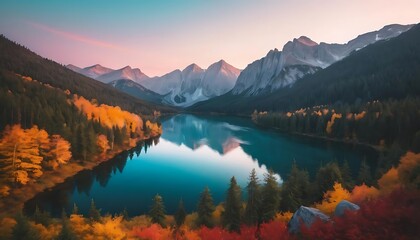 Obraz premium Autumnal Serenity Mountain Lake Reflecting Colorful Trees