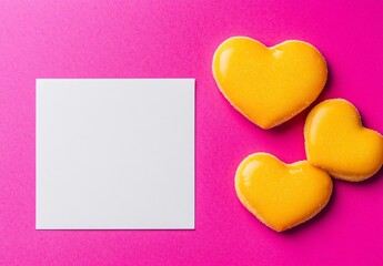 Obraz premium Yellow Heart-Shaped Cookies with Blank Note on Pink