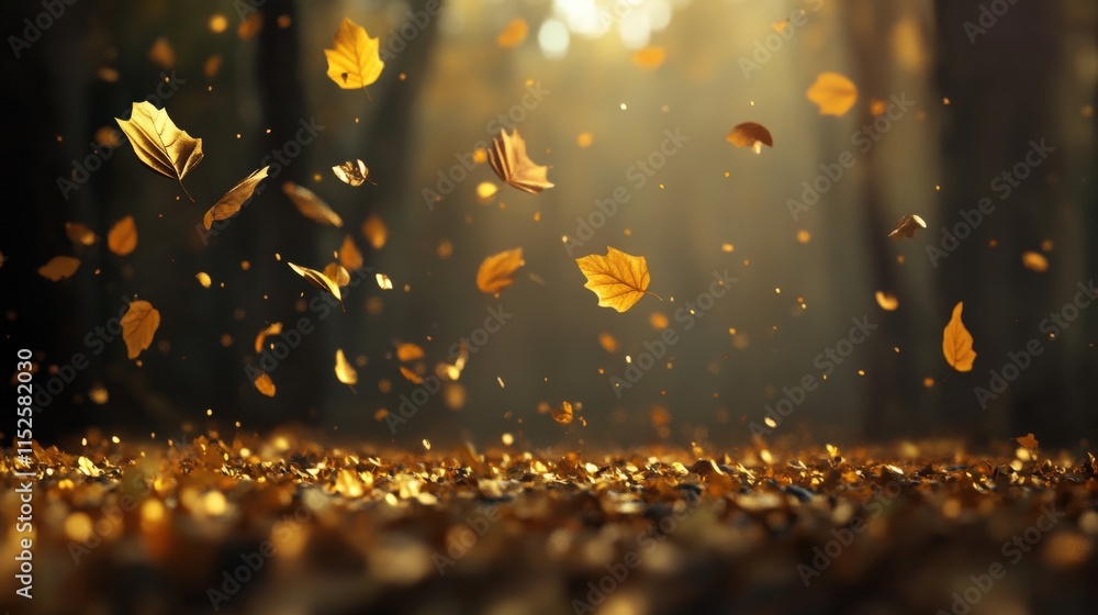 Poster A Serene Autumn Scene with Floating Golden Leaves Illuminated by Soft Sunlight in a Quiet Forest Setting