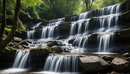 Obraz premium Serene Cascading Waterfall In Lush Green Forest