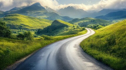 A remote road in Scottish Highlands, rolling green hills and misty peaks 