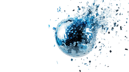 Explosion of a blue disco ball, transparent background