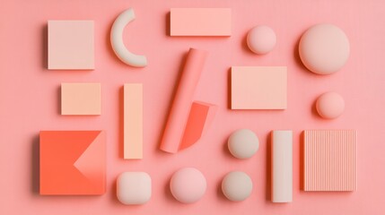 A collection of pastel geometric shapes arranged on a pink background.