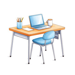 Modern School Desk with Laptop and Supplies
