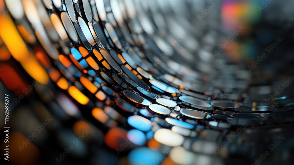 Poster An Abstract Close-Up of Colorful Reflected Lights on a Curved Metallic Surface Creating a Stunning Visual Effect with Depth and Texture