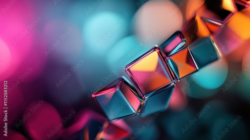 Fototapete Abstract composition of glowing geometric shapes in vibrant colors with reflections and blurred background, creating a mesmerizing visual effect, perfect for modern designs