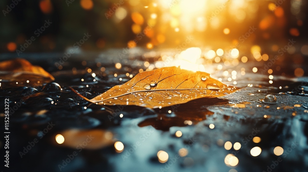 Aufkleber close-up of a wet autumn leaf on a shiny surface with sparkling raindrops and warm bokeh lights duri