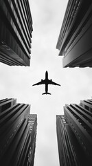 Silhouette of an airplane flying above urban skyscrapers with dramatic cloudy sky