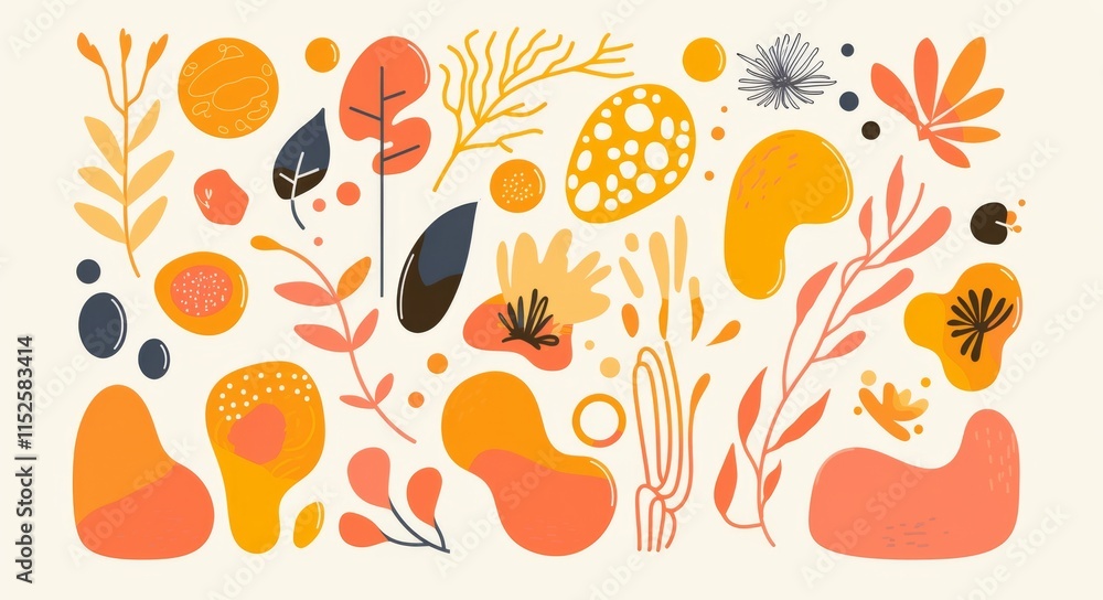 Poster vector graphic of abstract shapes with orange and pink accents on a white background. simple, clean 