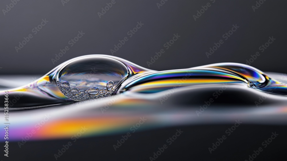 Poster a close-up perspective of a colorful soap bubble on a smooth surface reflected light showcasing irid