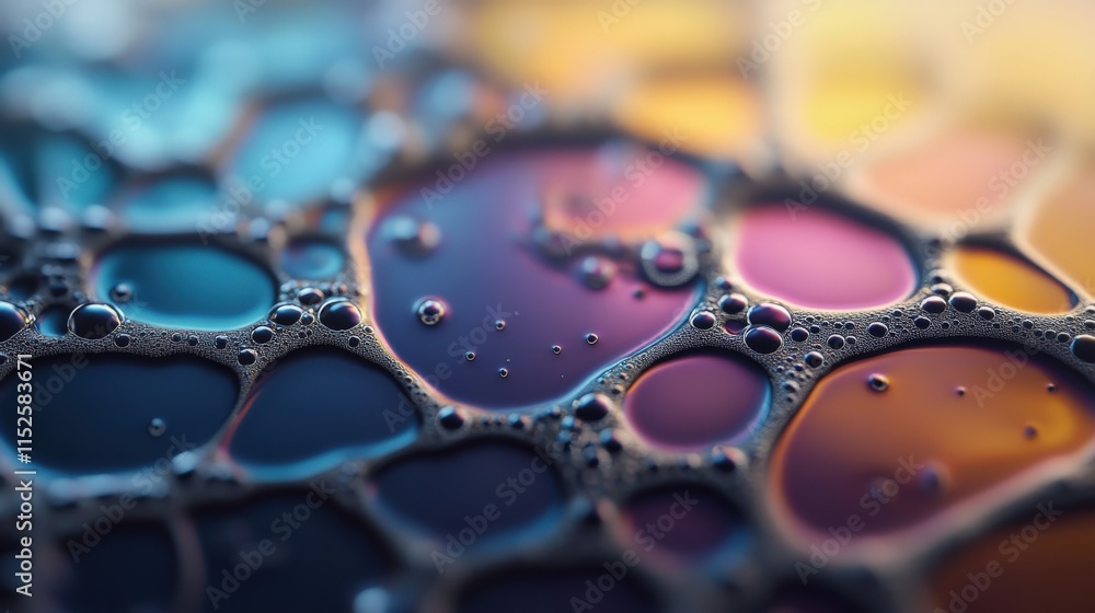 Poster colorful soap bubbles forming abstract patterns with vivid hues and air bubbles reflecting light in 