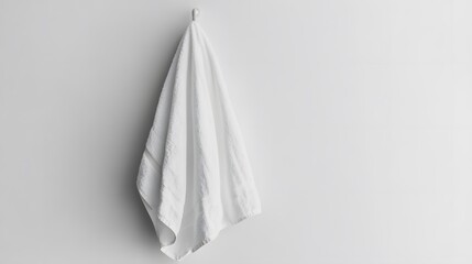 A soft white towel hanging from a hook, against a clean white wall
