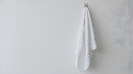 A soft white towel hanging from a hook, against a clean white wall