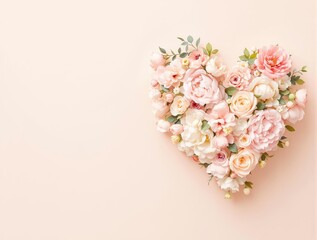 Heart-shaped arrangement of pastel pink and white flowers on a light peach background with copyspace, concept of romance, wedding planning, floral design