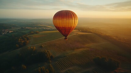 Obraz premium Hot Air Balloon Soaring Over Vineyard Landscape at Sunrise
