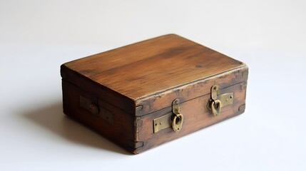 A vintage wooden box with brass hinges, resting on a white surface