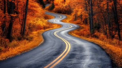 Fototapeta premium A country road winding through Appalachian mountains, golden fall colors 