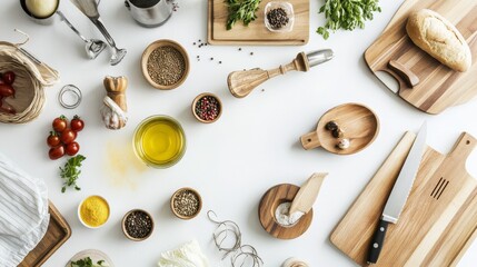 Fototapeta premium A bright and airy kitchen designed for cooking enthusiasts, Various kitchen tools and ingredients laid out, Modern culinary style