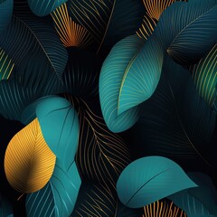 Dark teal and gold tropical leaf pattern