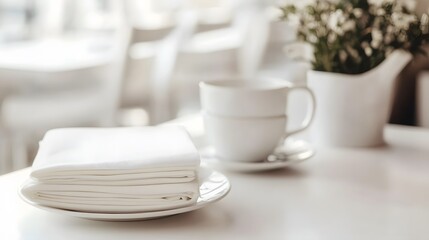A stack of soft white napkins folded neatly, resting on a white table