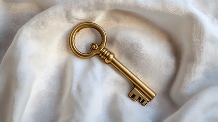 A shiny golden key resting on a white linen cloth