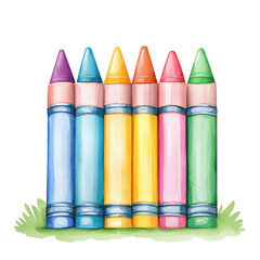 Watercolor Crayon Set on Grass Background