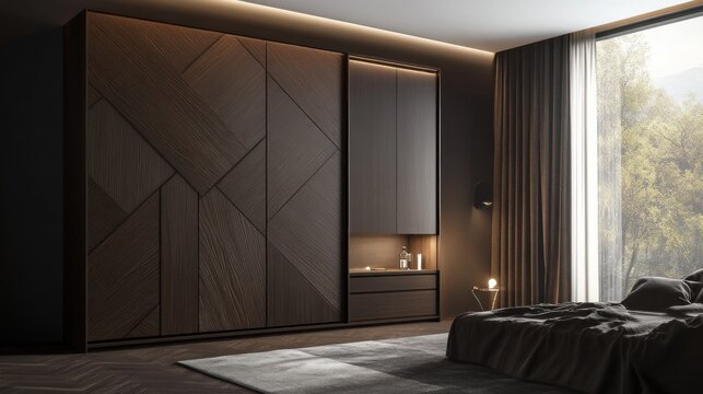 Modern dark wood bedroom wardrobe with sliding doors, integrated lighting, and a side cabinet.