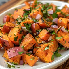 A hearty roasted sweet potato salad featuring caramelized sweet potatoes, mixed greens, and cranberries, drizzled with a maple vinaigrette for a delicious and nutritious meal option.