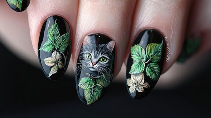 Intricate Cat and Floral Nail Art Design
