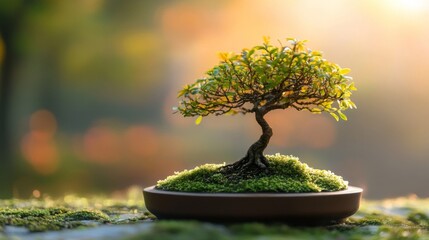 Miniature Bonsai Tree In A Brown Pot Basking In Sunlight