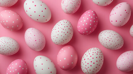 A vibrant pattern of pink and white Easter eggs scattered across a soft pink background representing chaos and the playful nature of the holiday season

