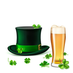 St. Patrick's Day illustration featuring a traditional green top hat adorned with a shamrock and a glass of beer, surrounded by four-leaf clovers, on a white background.