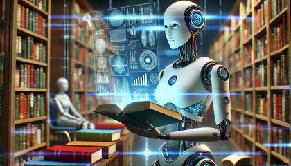 Fototapeta premium Holographic Library Robot Librarian at Work