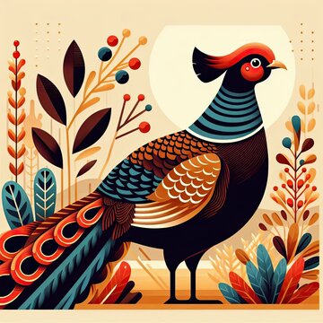 Lophophores, Himalayan monal Illustration. Dafe National Bird of Nepal.
