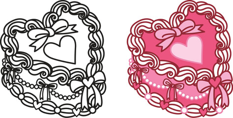 Line art drawing bow ribbons around pink heart shape cake, clipart coquette aesthetic for design element or coloring page. Vector illustration.