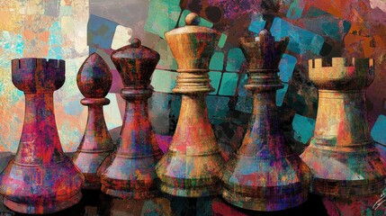 Chessboard Abstract: A vibrant abstract painting of a chessboard, featuring the major chess pieces in bold, colorful strokes. The piece’s abstract forms are a captivating blend of color and texture.