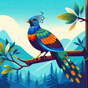 Lophophores, Himalayan monal Illustration. Dafe National Bird of Nepal.
