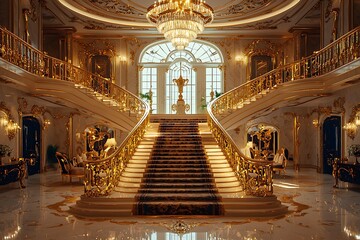 A majestic grand staircase with gold and glass railings, illuminated by an extravagant chandelier, creating a dramatic entrance in a luxury mansion.