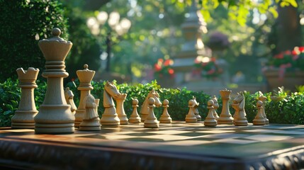 Chessboard in the Garden:  A chessboard, strategically placed amidst a lush, sun-drenched garden, invites contemplation and strategic thinking, with its pieces poised for a captivating game.  