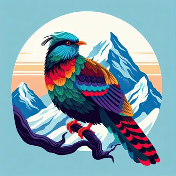 Lophophores, Himalayan monal Illustration. Dafe National Bird of Nepal.

