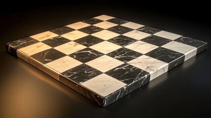 Marble Chessboard: A polished black and white marble chessboard sits on a dark background, ready for a strategic game. The intricate details of the marble create a timeless elegance. 