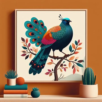 Lophophores, Himalayan monal Illustration. Dafe National Bird of Nepal.
