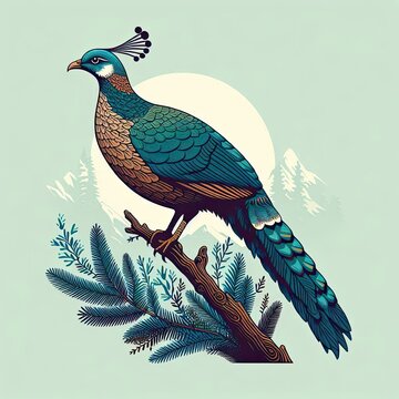 Lophophores, Himalayan monal Illustration. Dafe National Bird of Nepal.
