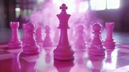 Glass chess pieces on red, a strategic battle of business leadership